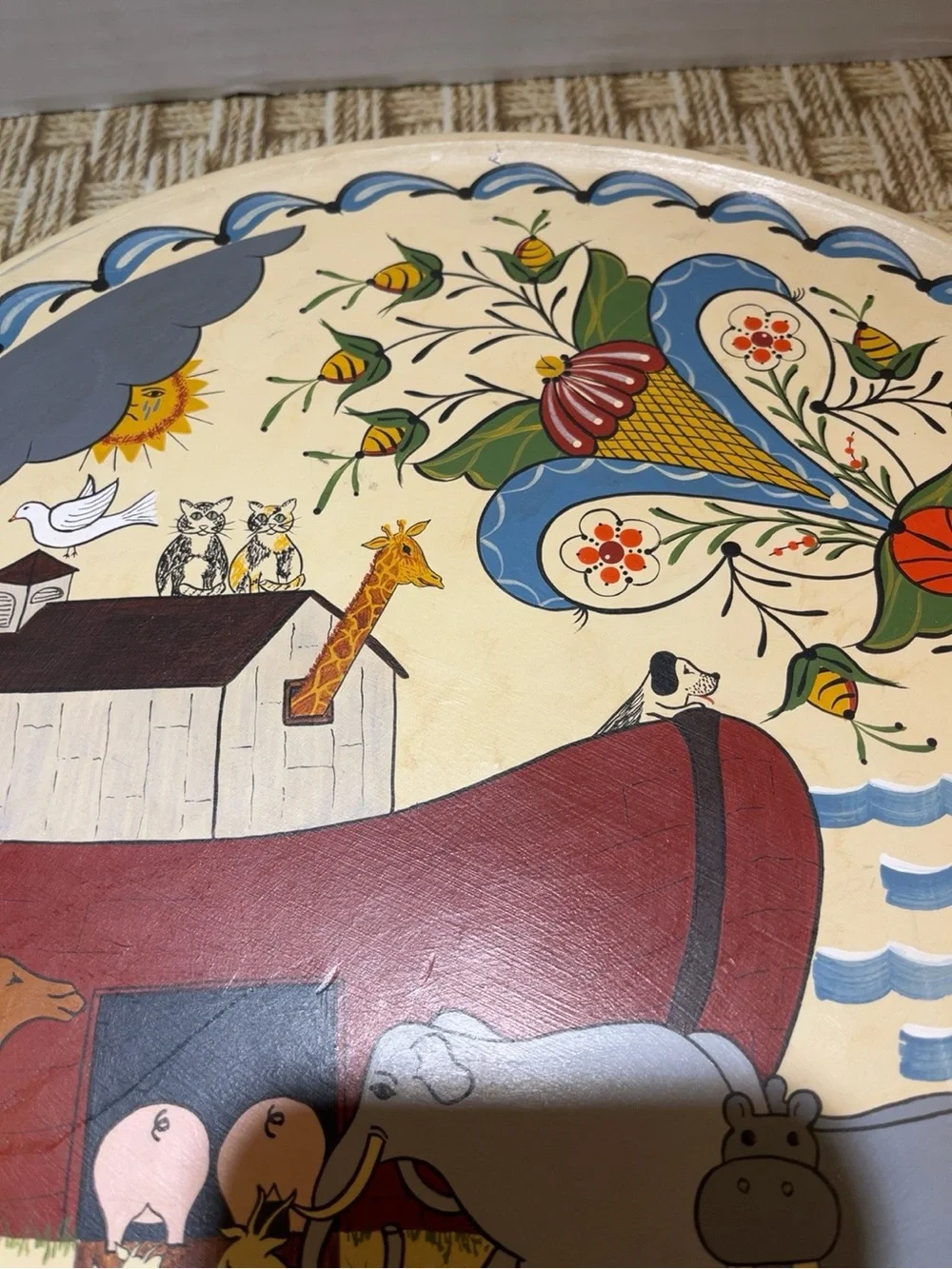 Rita Sharpe 1998 Noah’s Ark Swedish Folk Art Hand Painted Wood Plate 14”